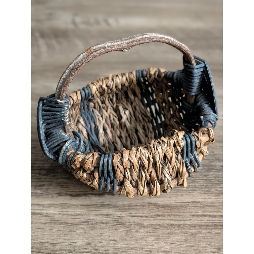 Vintage Miniature Woven Basket Blueish Green & Brown Seagrass Twig Handle Rustic